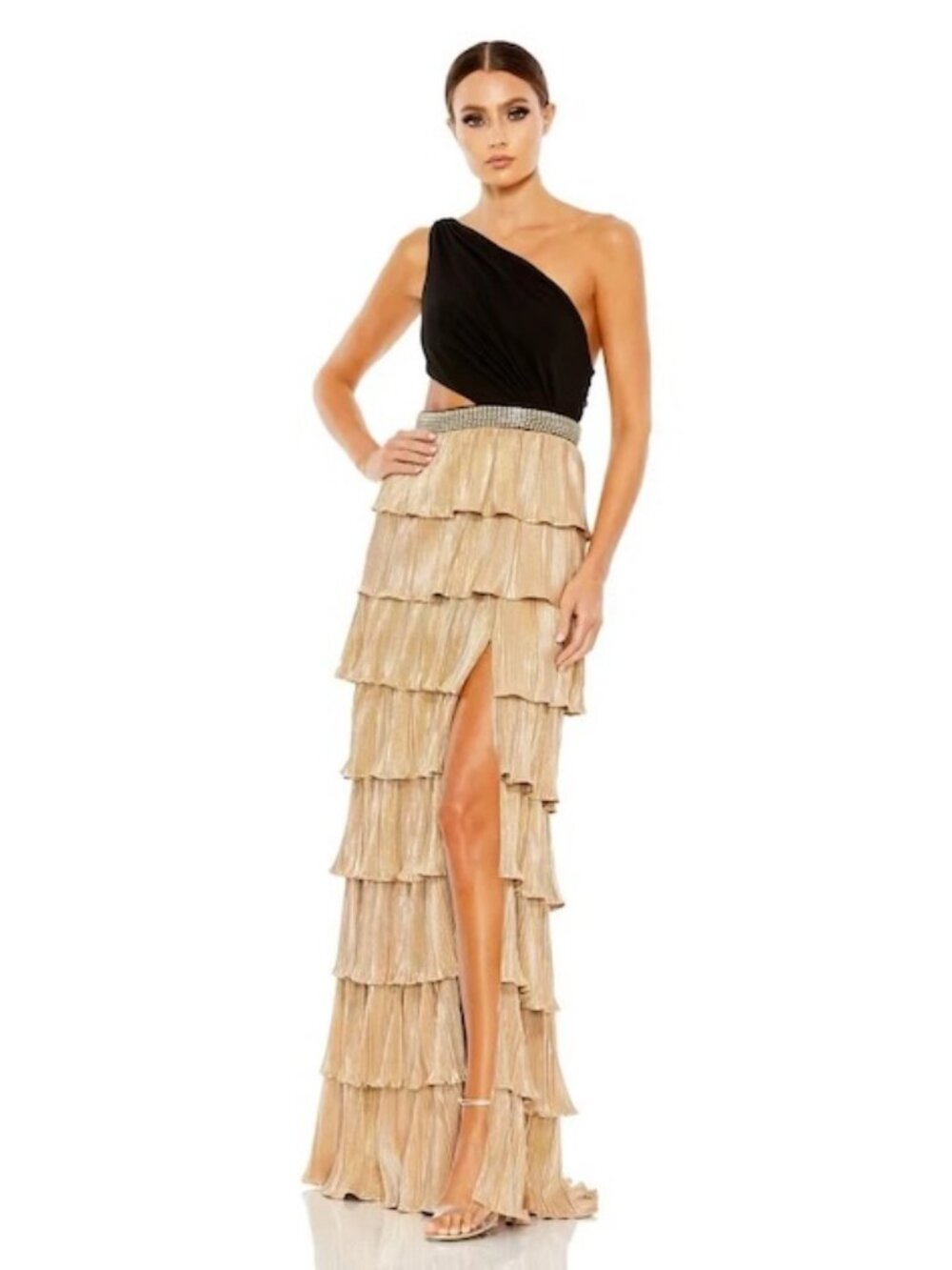 Mac Duggal Black And Gold One-Shoulder Ruffle Tie Back Embellished Gown
